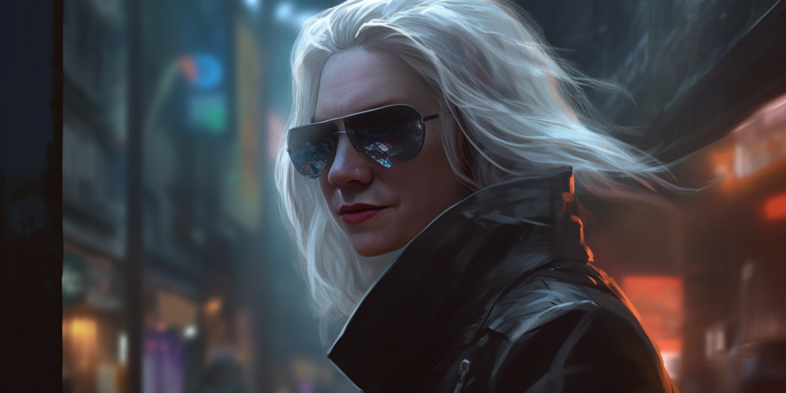 Woman with gray hair in suit jacket on a street at night wearing dark sunglasses