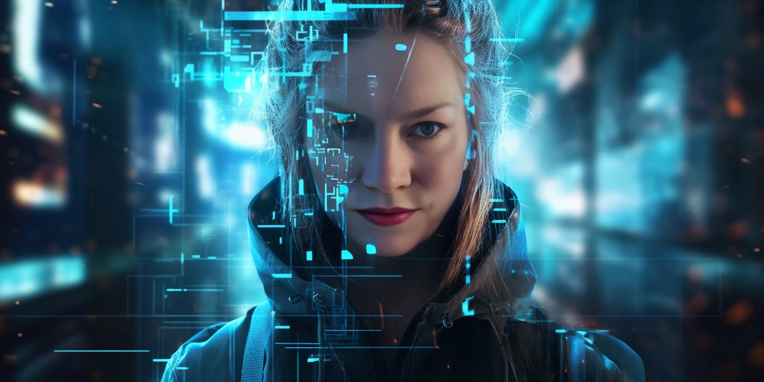 Woman with gray hair in leather jacket in the middle of a busy street with cars driving past her