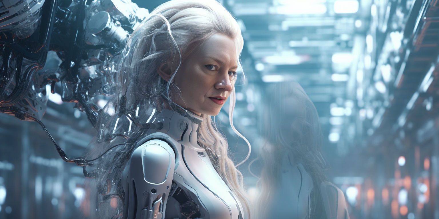 A woman cyborg with grey hair and a mechanical arm with implants in her head jacked into the net facing the camera