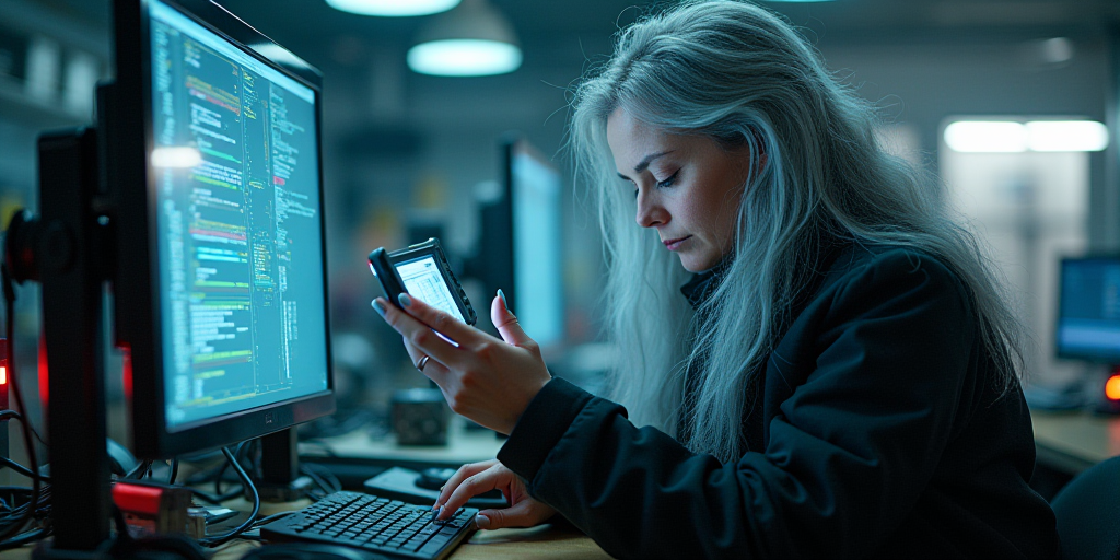A woman at a computer, using her phone and keyboard