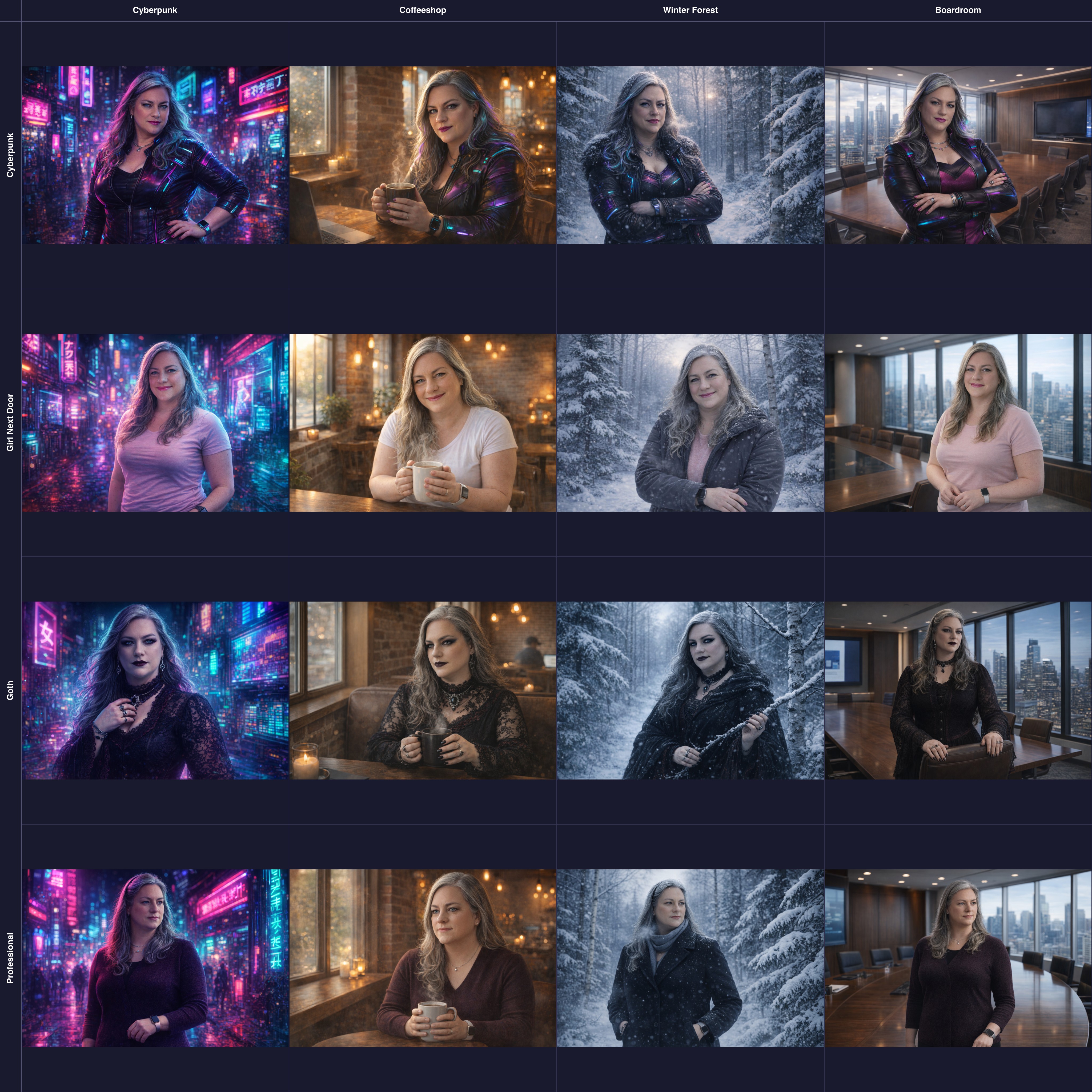 A 4x4 grid showing the same character in four different style variants (Cyberpunk, Girl Next Door, Goth, Professional) across four different scene variants (Cyberpunk, Coffeeshop, Winter Forest, Boardroom)