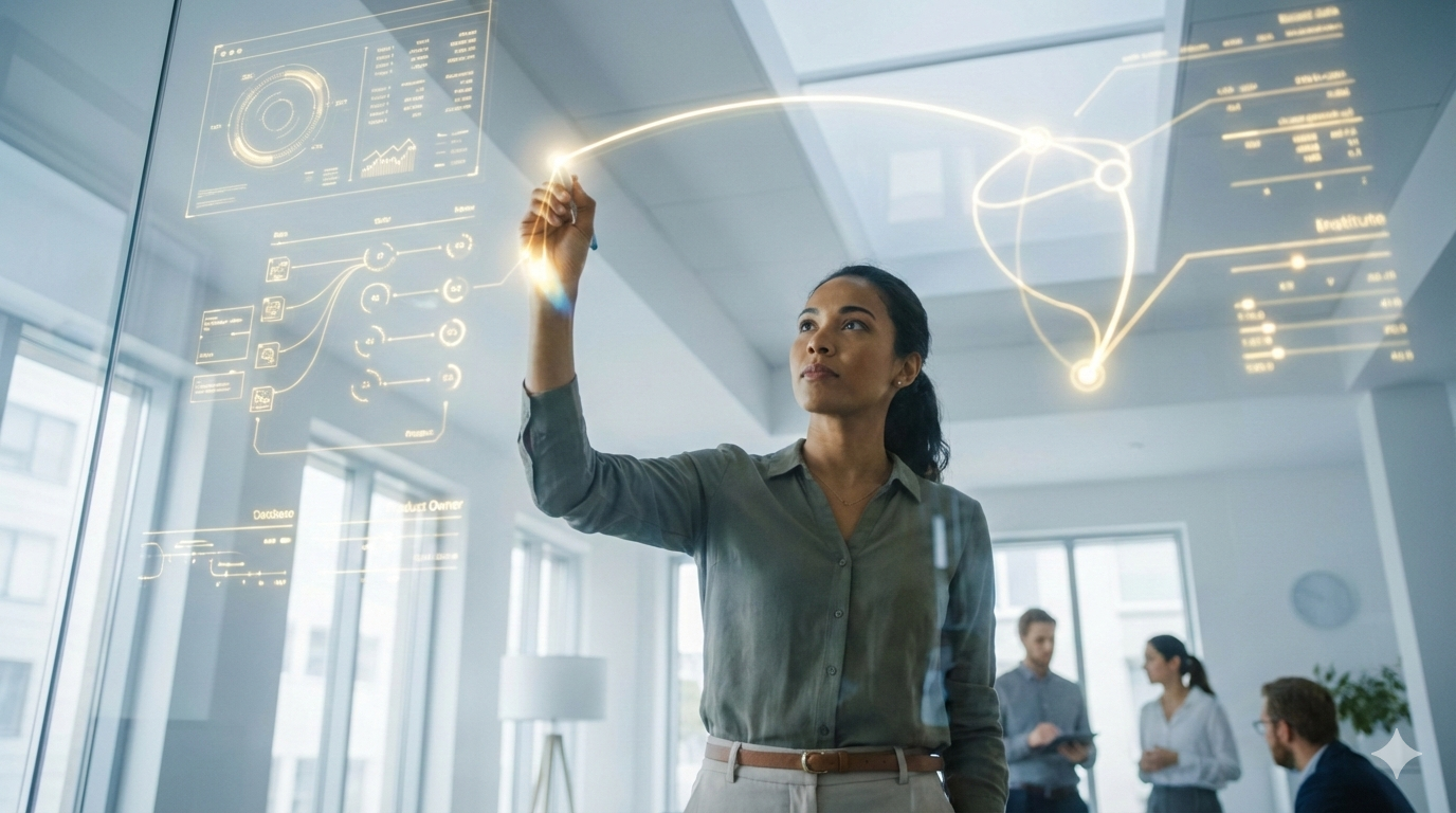 A woman in a modern office uses a stylus to draw a glowing, arched line on a large, transparent screen filled with digital diagrams, while colleagues stand in the background.