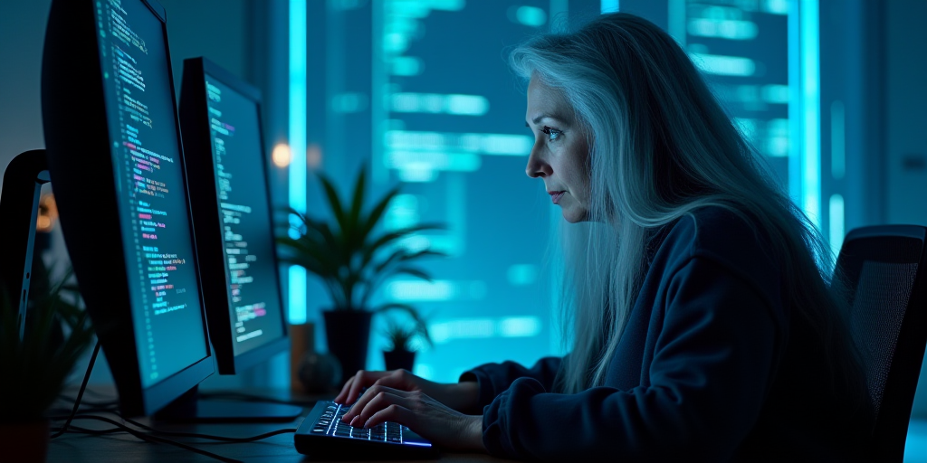 A mesh rendering of a woman at a computer, on an abstract cyberpunk-style line background