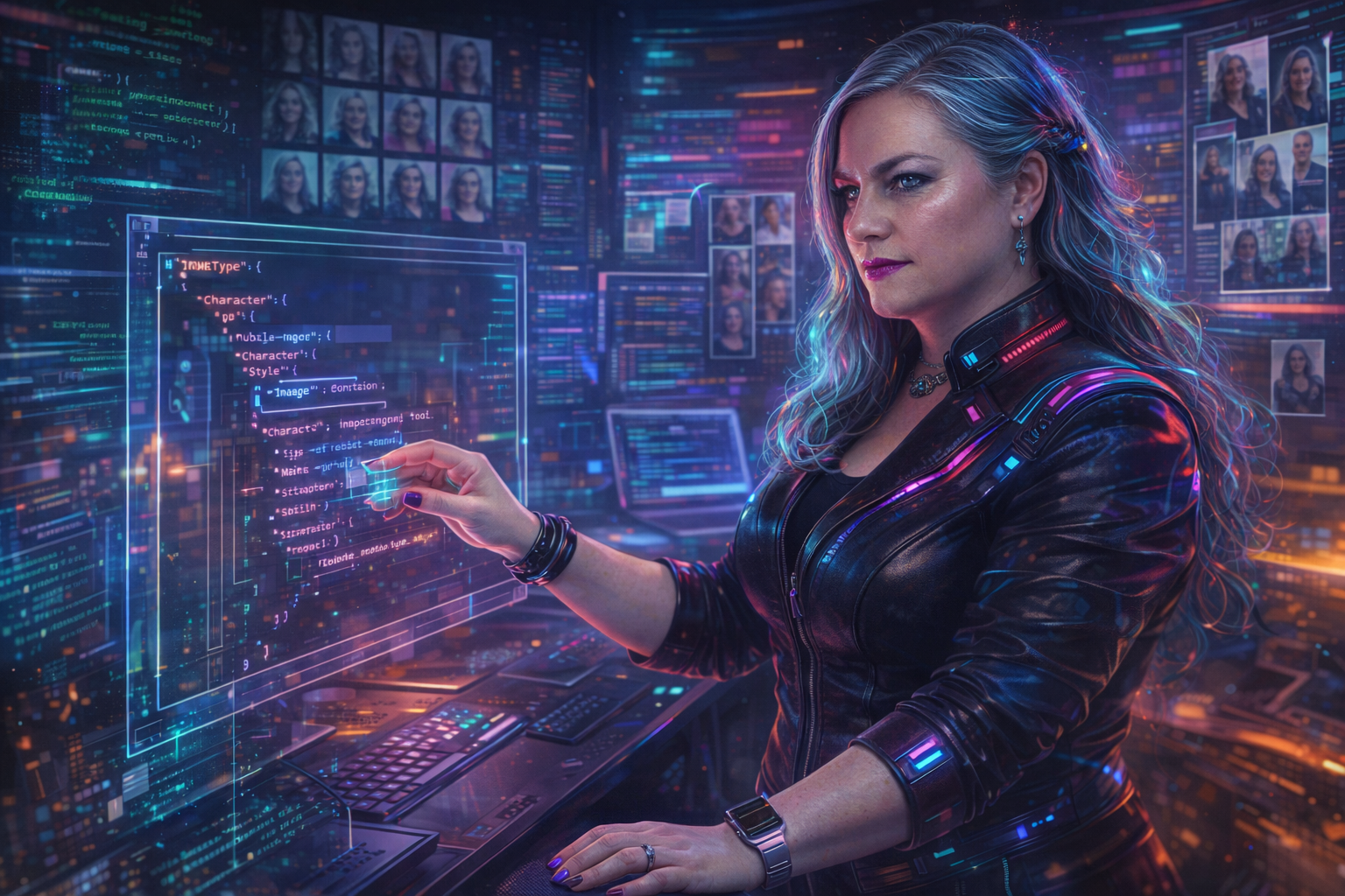 A silver-haired woman in a cyberpunk workspace manipulates holographic JSON structures and image grids, surrounded by floating code snippets
