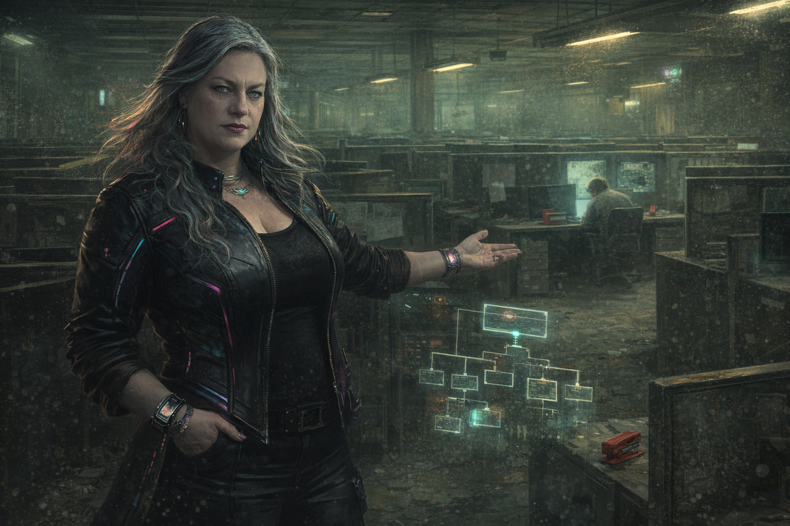 A silver-haired woman in a cyberpunk office environment gestures toward a holographic systems diagram, surrounded by the quiet entropy of an abandoned cubicle farm