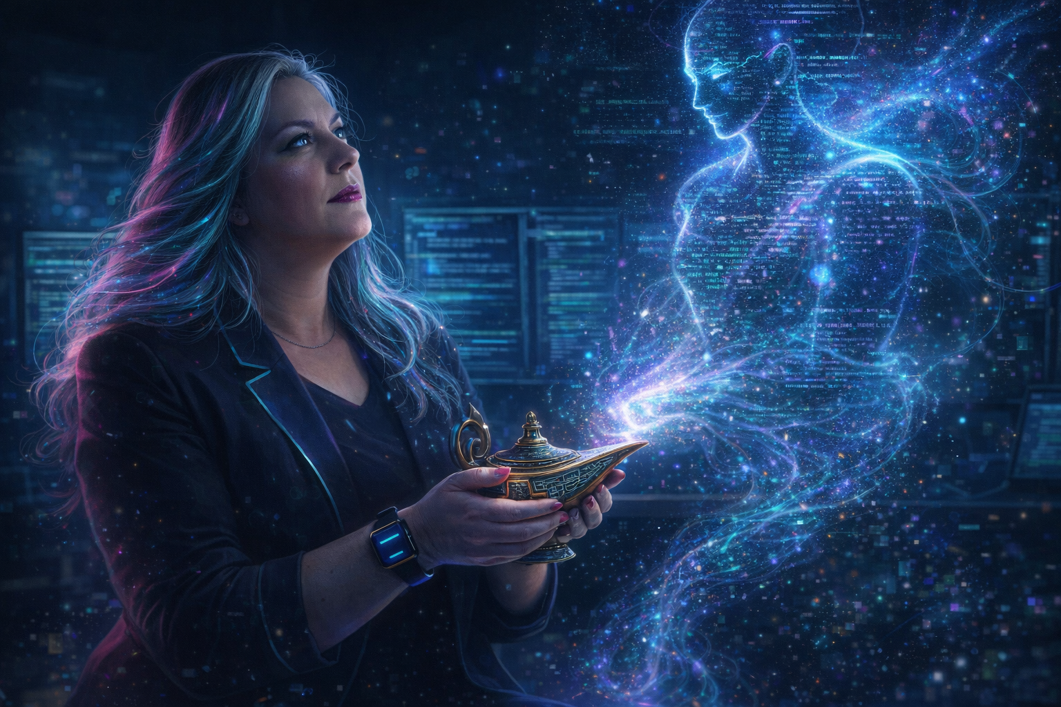 A silver-haired woman in cyberpunk attire holds a glowing futuristic lamp, looking up at a digital genie made of flowing code and holographic light floating above her in a developer workspace