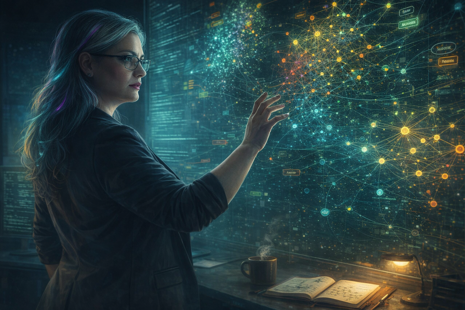 Silver-haired woman in dark blazer studying a massive holographic graph wall of interconnected nodes and edges, one hand raised to trace a connection, a leather journal open on the desk beside her