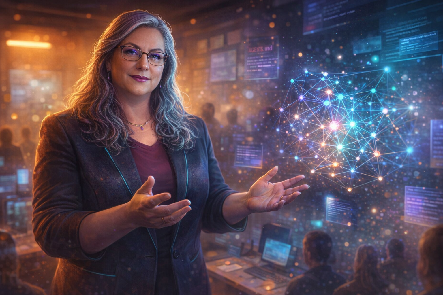 Silver-haired woman in cyberpunk workshop setting, gesturing toward holographic knowledge visualization while teaching others to see their hidden value