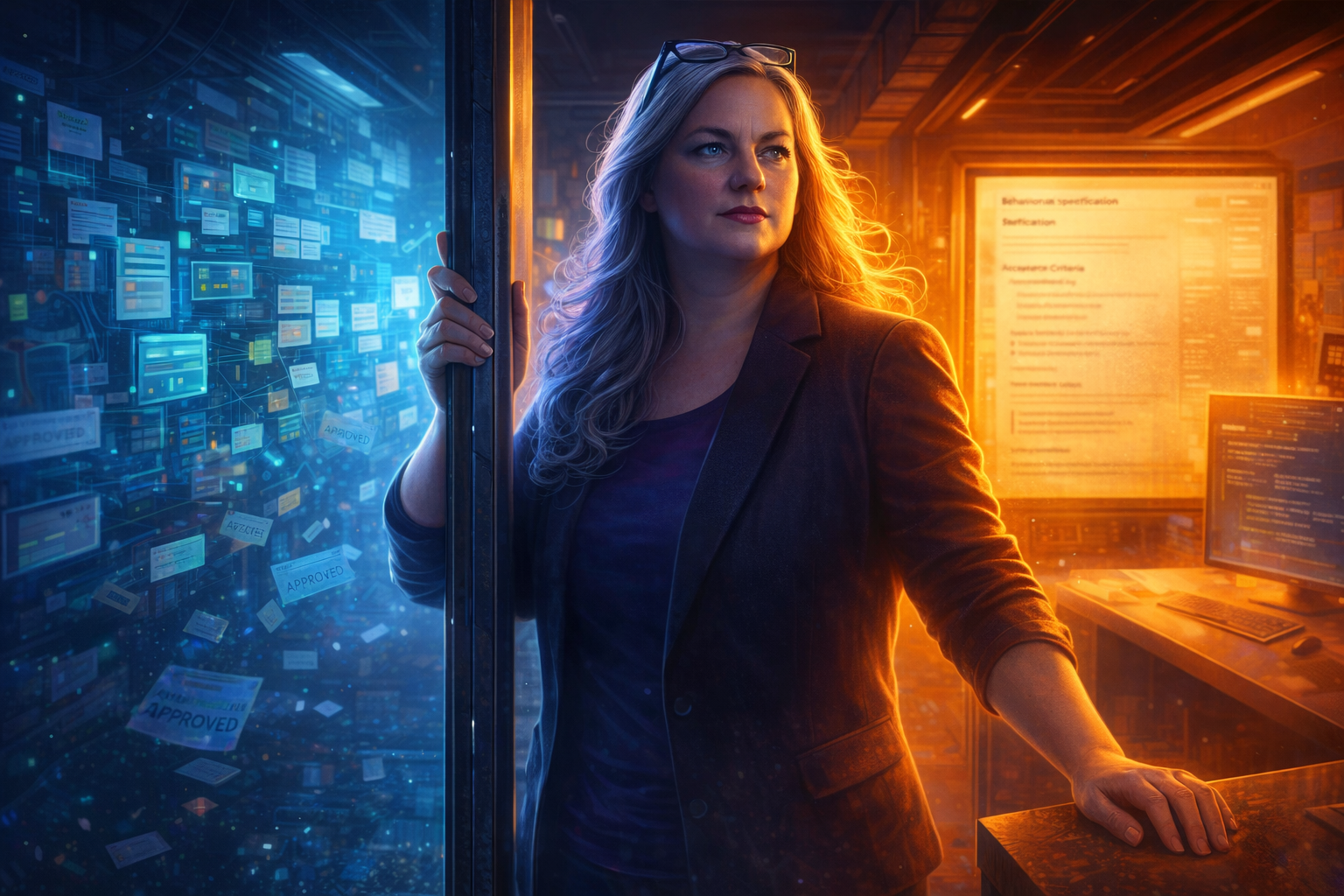 Silver-haired woman in a dark blazer standing at a threshold between two spaces — behind her, a cluttered wall of holographic Kanban boards and floating ticket stubs in cool blue light; ahead, a clean workspace with a single behavioral specification display glowing in warm amber