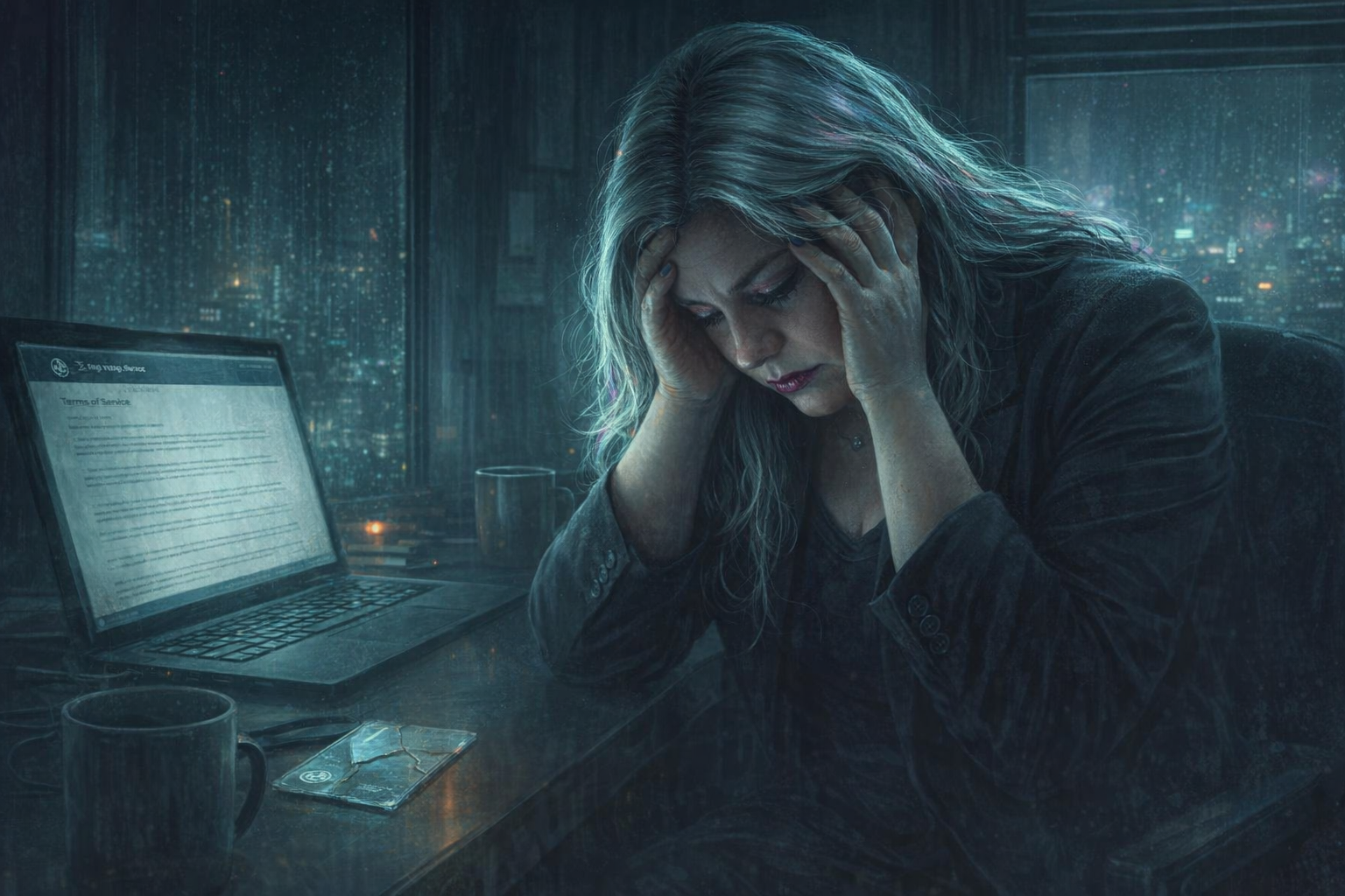 Silver-haired woman hunched over a desk with her head in her hands, a laptop showing a terms-of-service page casting cold blue light on her face, rain-streaked window with blurred city lights behind her, cold coffee and a cracked holographic badge on the desk