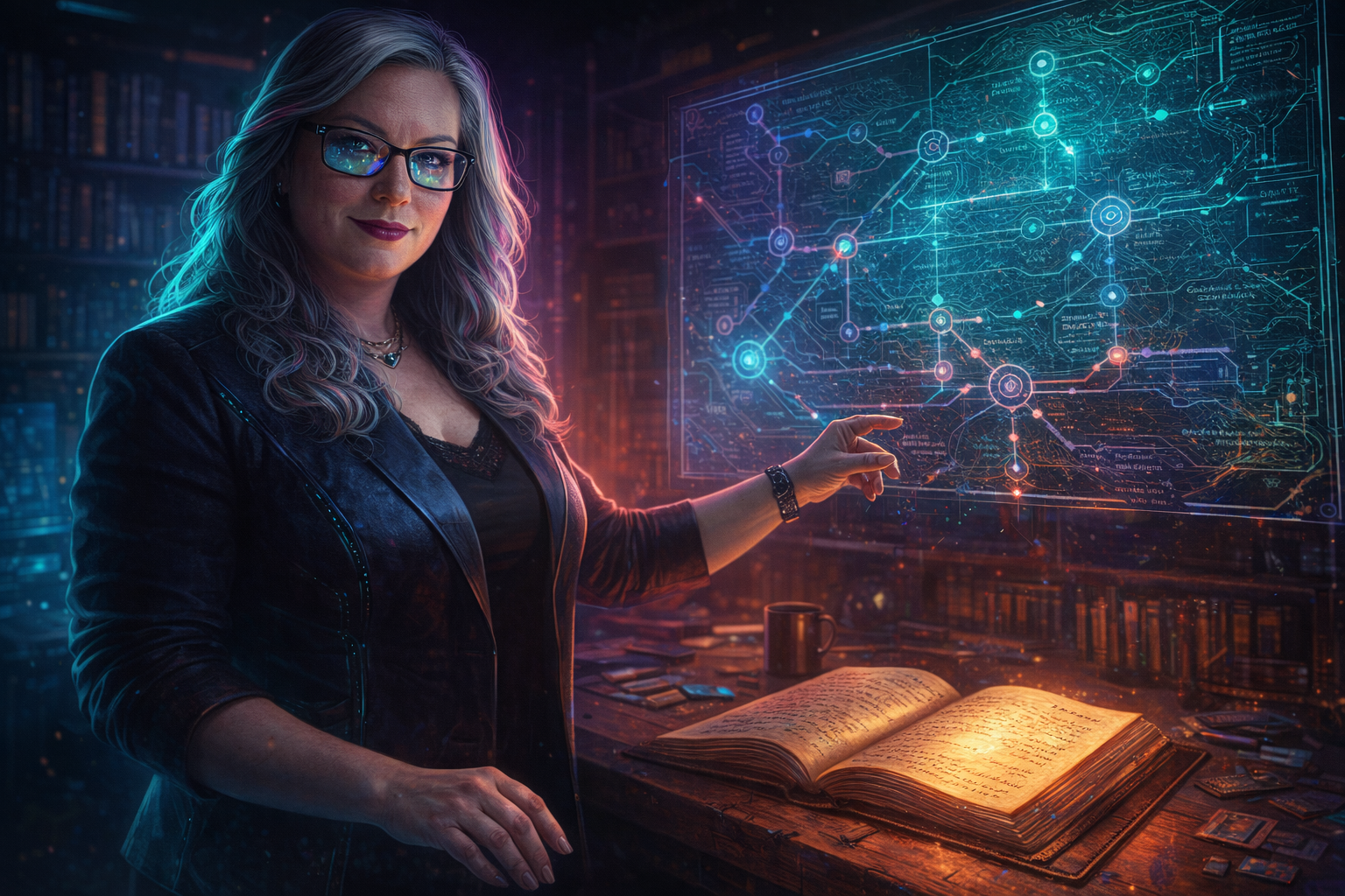 Silver-haired woman in cyberpunk workshop gesturing toward a holographic system map while resting her hand on a well-worn leather journal of principles