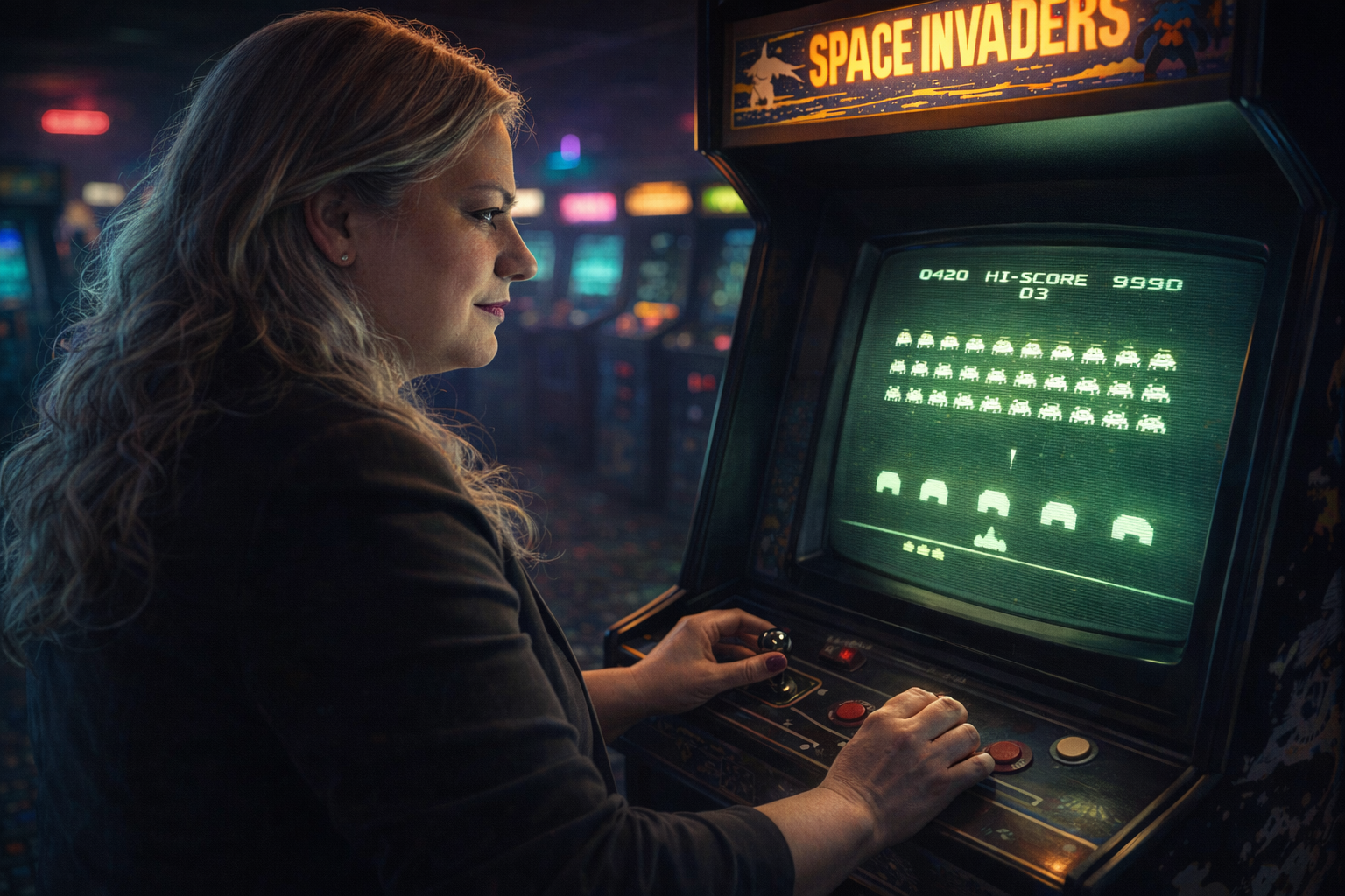 Silver-haired woman at a 1978-era Space Invaders arcade cabinet, hands on the joystick and fire button, CRT phosphor glow lighting her focused half-smile while the alien formation marches mid-game on screen and a hazy retro arcade hall recedes behind her