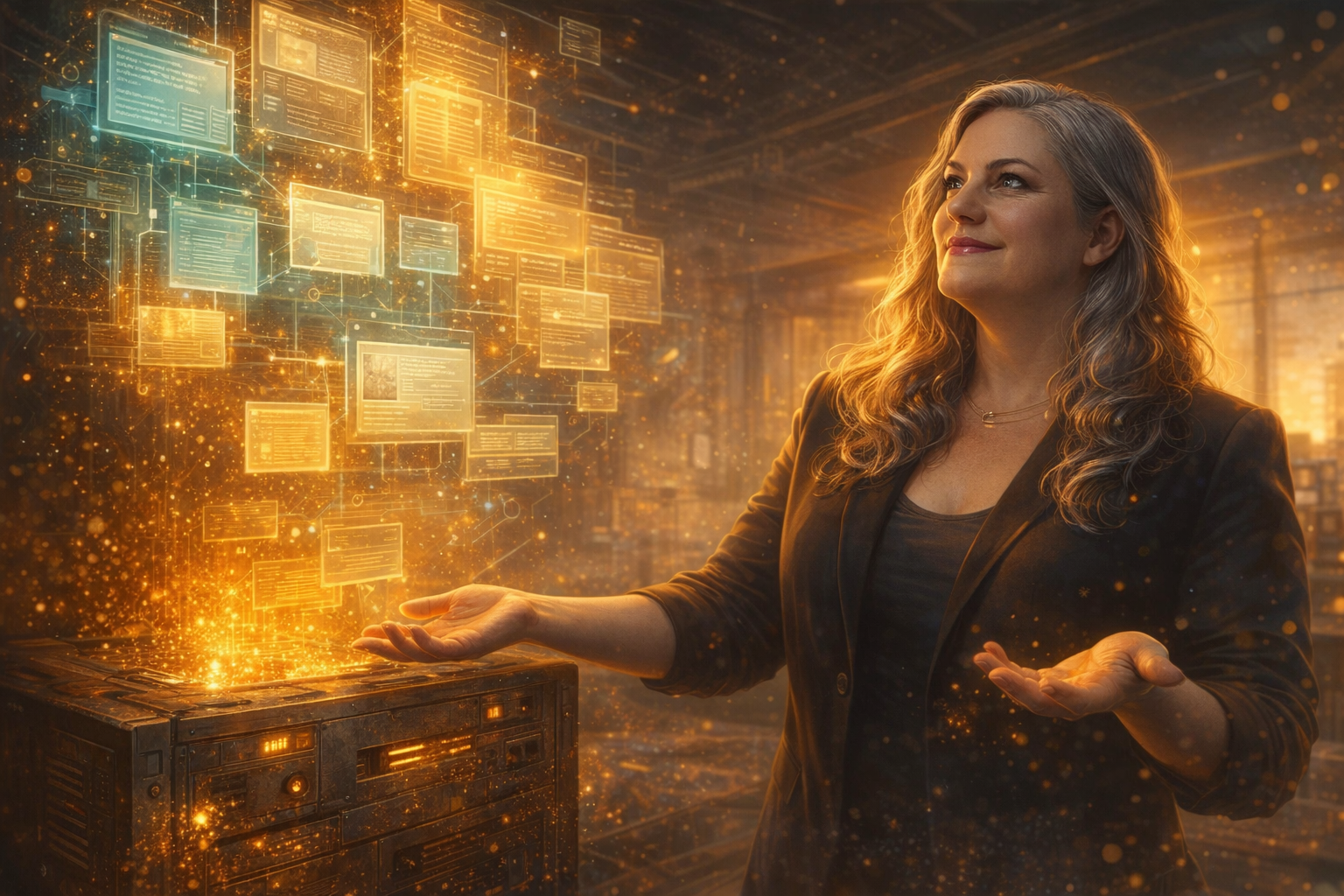 Silver-haired woman resting one hand on a weathered legacy server rack as translucent holographic knowledge structures rise from it into warm amber light, golden motes drifting upward like embers
