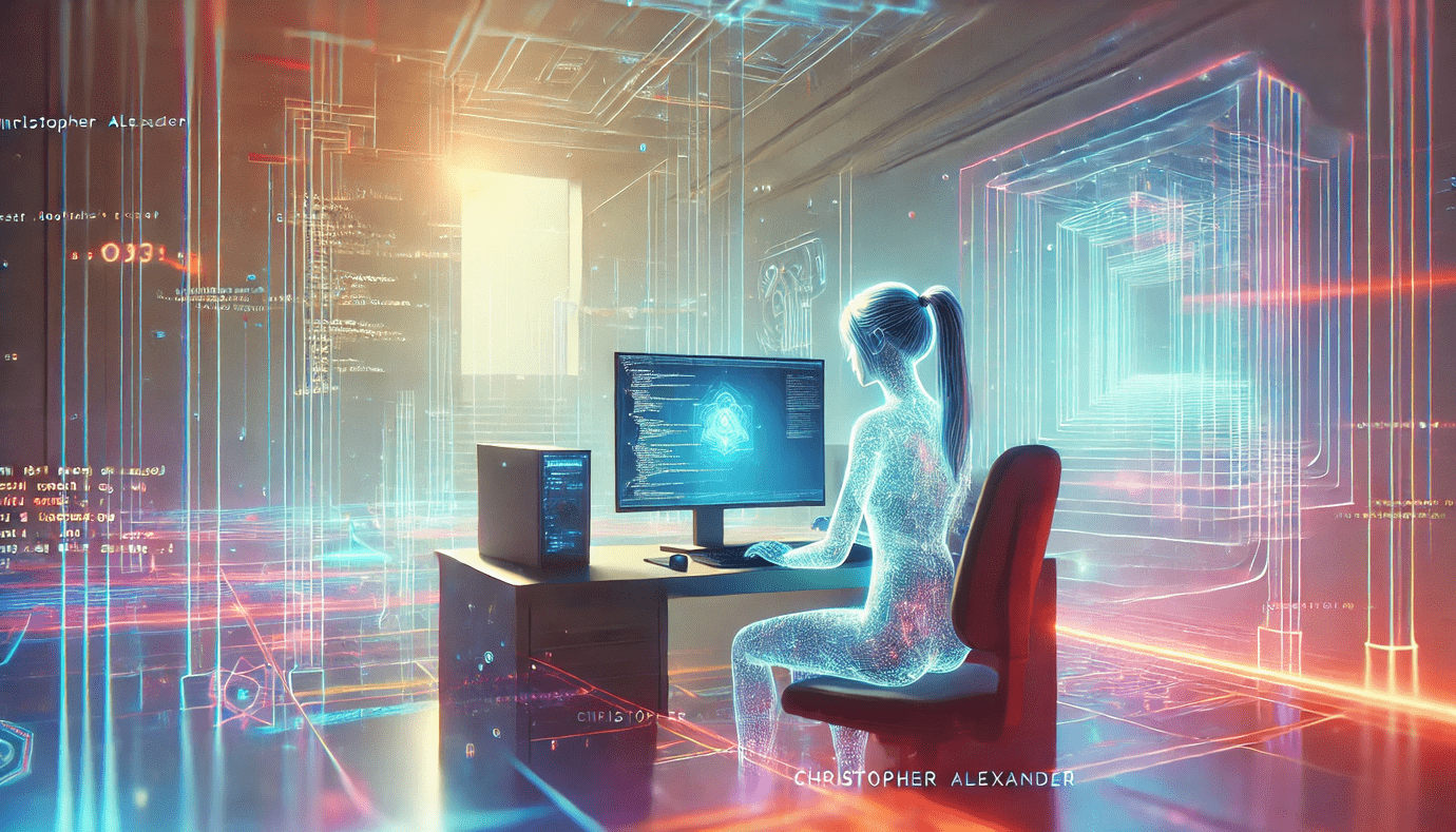 A mesh rendering of a woman at a computer, on an abstract cyberpunk-style line background