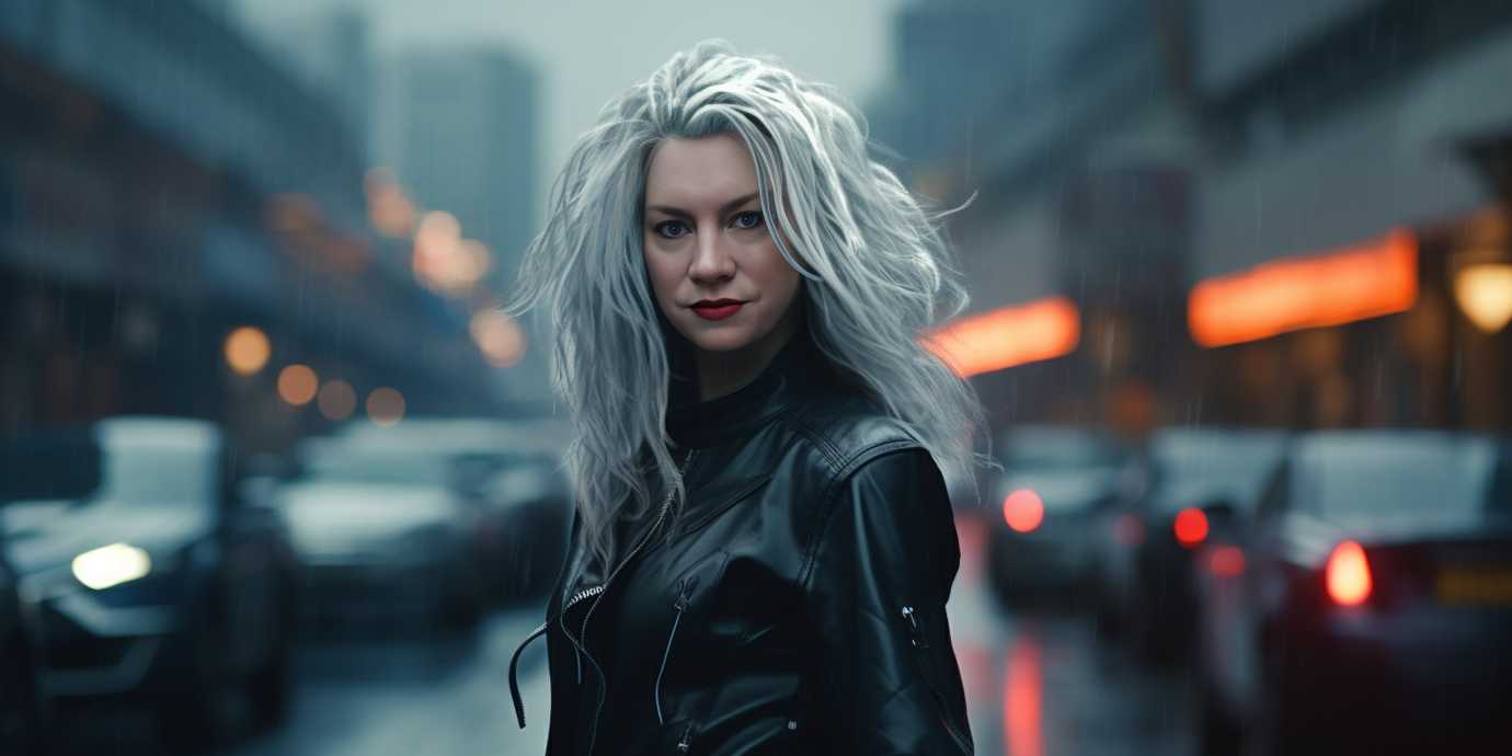 Woman with gray hair in leather jacket in the middle of a busy street with cars driving past her