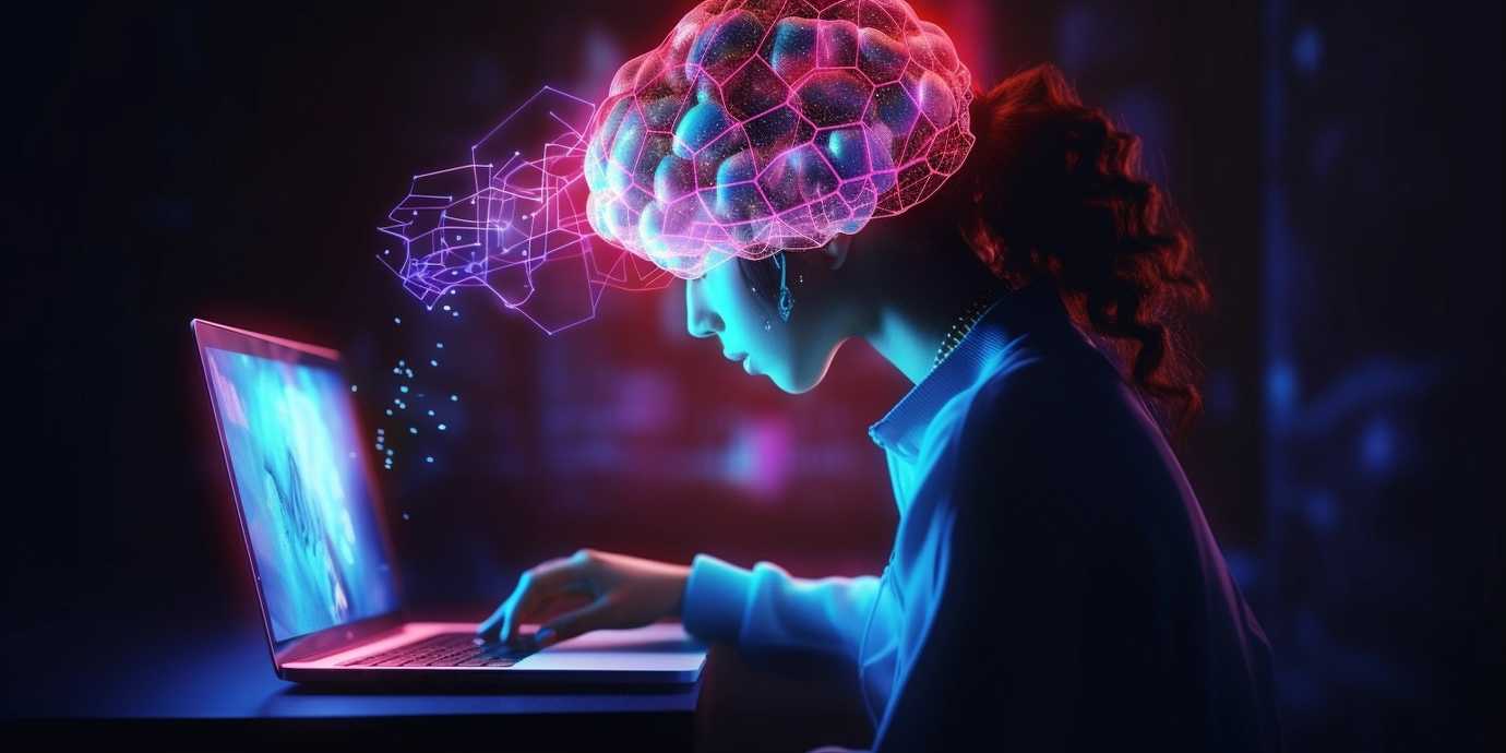 Girl typing on laptop with big glowing brain
