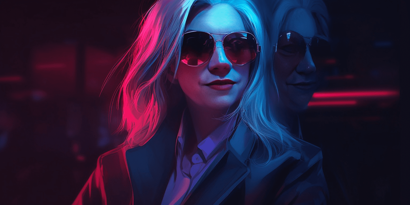 Woman with gray hair in suit jacket in dark environment wearing dark sunglasses