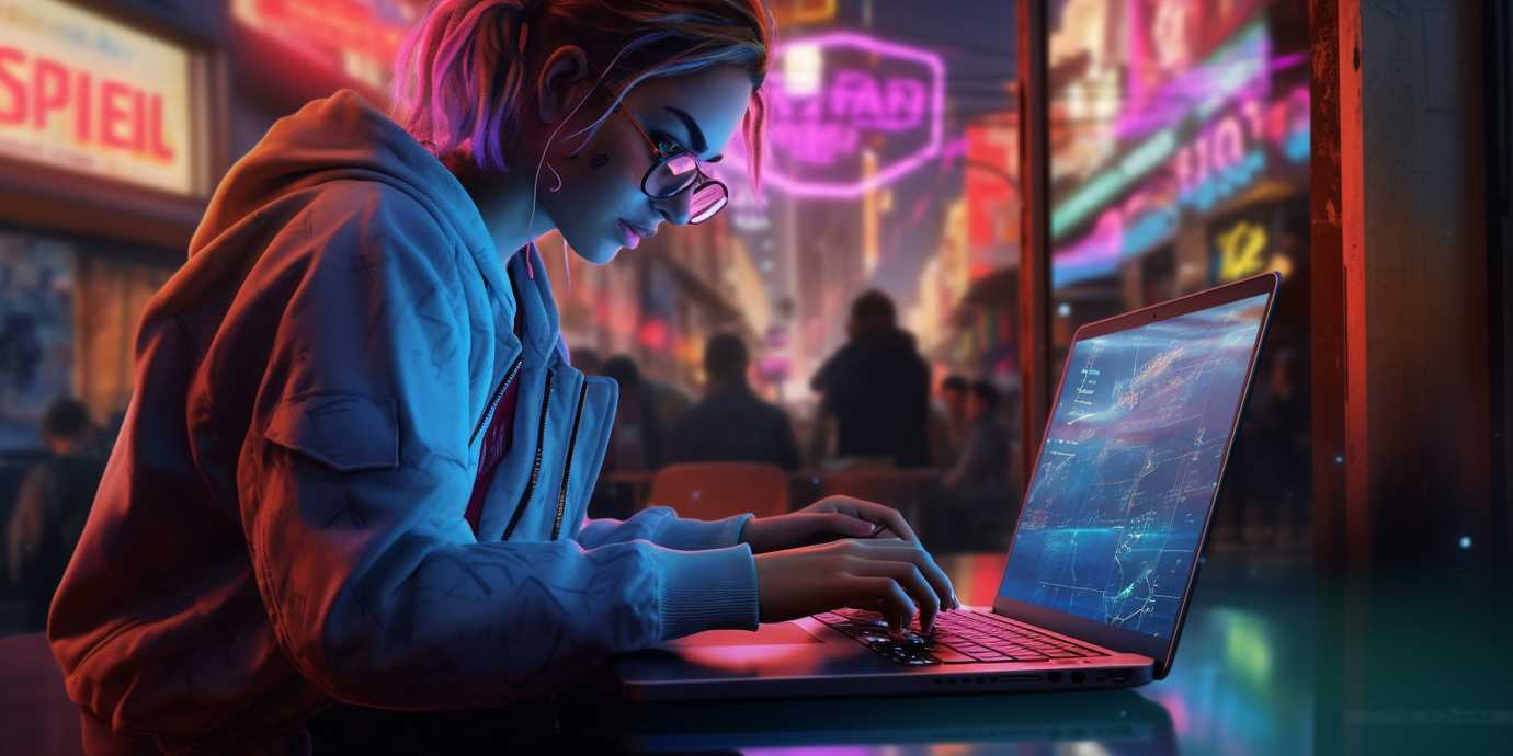 Girl typing on laptop, cyberpunk street cafe