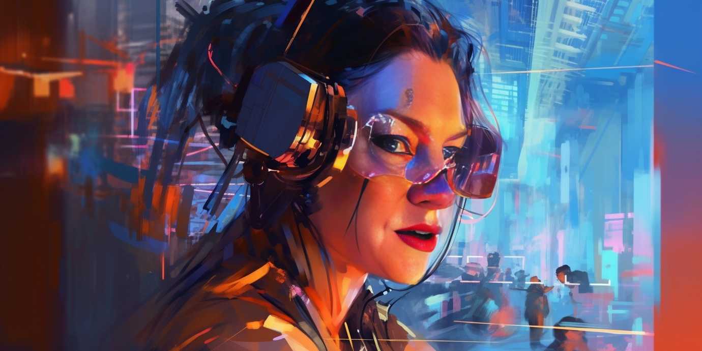Girl wearing AR headgear, cyberpunk street cafe