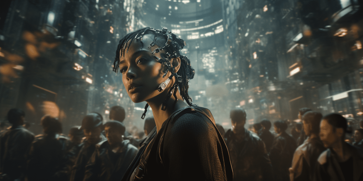 A black woman in focus, with cybernetic implants, in front of a slightly blurred crowd in a cyberpunk dystopia
